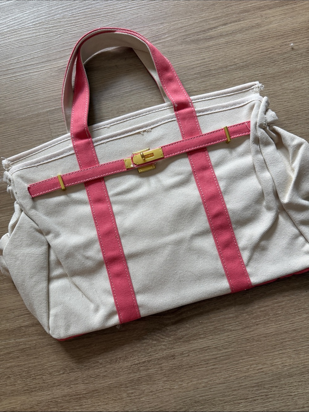 Canvas Tote Bag with Pink Trim and Gold Hardware